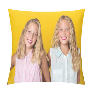 Personality  Happy Smiling Pretty Teenage Twins Girls Laughing With A Perfect Smile. Pillow Covers