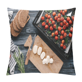 Personality  Pieces Of Bread And Mozzarella On Dark Wooden Table With Tomatoes In Baking Pan Pillow Covers