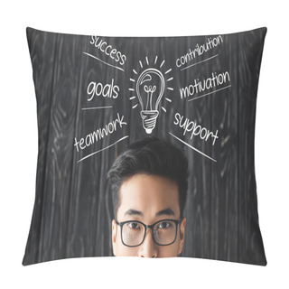 Personality  Cropped View Of Asian Man In Glasses Looking At Camera On Wooden Background With Idea Concept Illustration  Pillow Covers