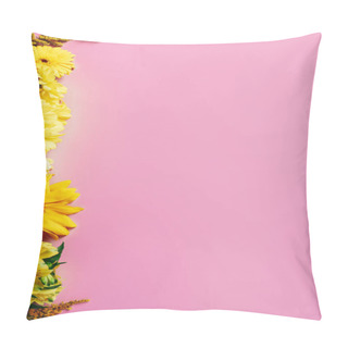 Personality  Flat Lay With Various Beautiful Flowers Arrangement On Pink Background Pillow Covers