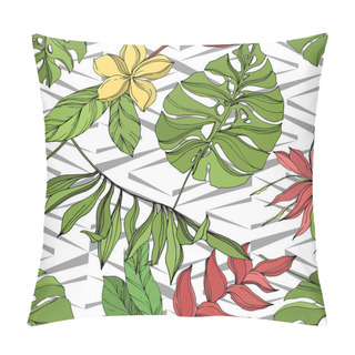 Personality Palm Beach Tree Leaves Jungle Botanical Succulent. Black And Green Engraved Ink Art. Seamless Background Pattern. Pillow Covers