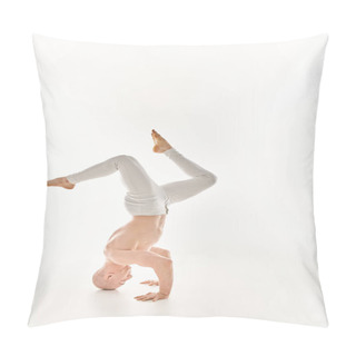 Personality  A Man Demonstrates Strength And Flexibility By Performing A Headstand. Pillow Covers