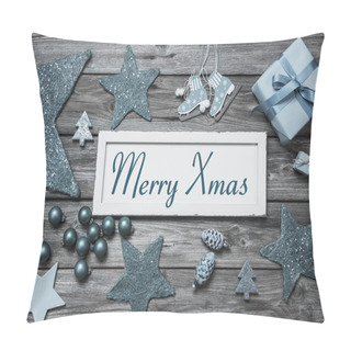 Personality  Merry Xmas Greeting Card With White Wooden Sign And Blue Turquoi Pillow Covers