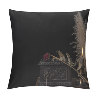 Personality  Dark Still Life With Dried Roses On Wooden Table. Pillow Covers