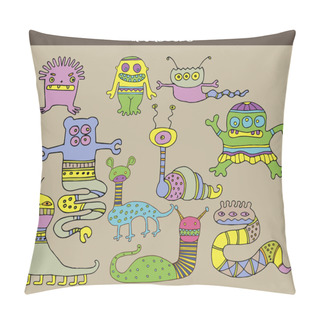 Personality  Set Of Multicolored Cartoon Monsters Against Grey Background. Vector Image Pillow Covers