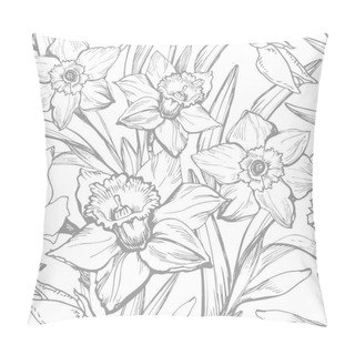 Personality  Hand Drawn Monochrome Vector With Narcissus, Daffodils Flowers Pillow Covers