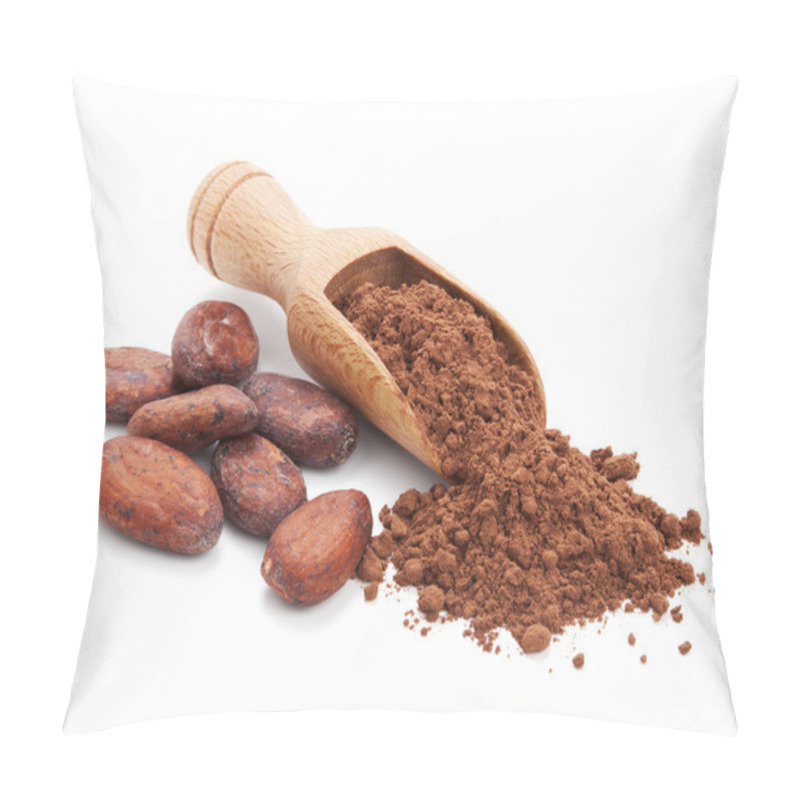 Personality  Cacao beans and cacao powder isolated on white pillow covers