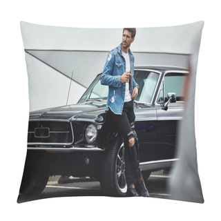 Personality  Handsome Man In Denim Jacket Posing With Black Classic Car Pillow Covers