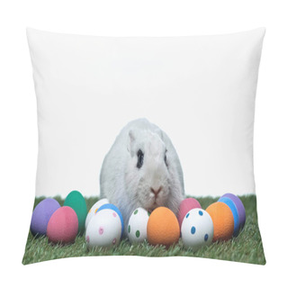 Personality  Rabbit Near Painted Easter Eggs On Green Grass Isolated On White Pillow Covers
