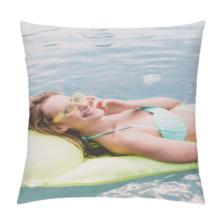Personality  Smiling Beautiful Wet Blonde Woman Swimming On Green Pool Float In Swimming Pool Pillow Covers