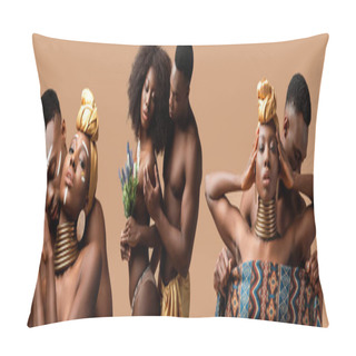 Personality  Collage Of Sexy Naked Tribal Afro Couple Posing Isolated On Beige Pillow Covers