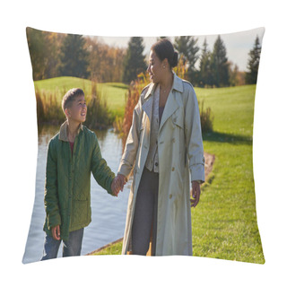 Personality  Happy Mother And Son Holding Hands And Walking Near Lake, African American Family, Scenic View Pillow Covers