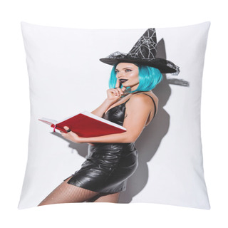Personality  Sexy Girl In Black Witch Halloween Costume With Blue Hair Holding Book On White Background Pillow Covers