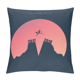 Personality  Minimalist Style. Jump From 2017 To 2018. Man Jumping Over Cliff On Sunset Background,Business Concept Idea Pillow Covers