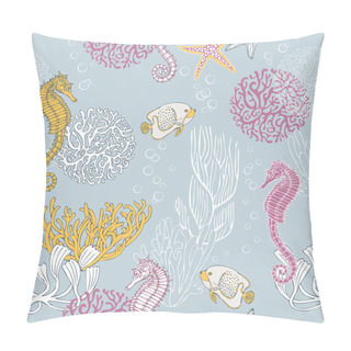 Personality  Underwater Abstract Background, Sea Theme Fashion Seamless Pattern, Beautiful Vector Wallpaper, Exotic Fabric, Blue Wrapping With Seahorse And Corals Ornaments, Summer, Paradise Theme For Design Pillow Covers