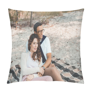 Personality  Romantic Couple Resting On Blanket On Sandy Beach Pillow Covers