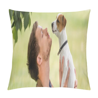Personality  Horizontal Concept Of Young Man Holding Jack Russell Terrier Dog With Brown Spots On Head Pillow Covers