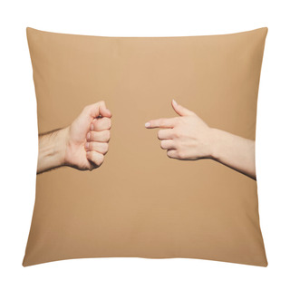 Personality  Cropped View Of Woman Pointing With Finger At Man Fist Isolated On Beige Pillow Covers