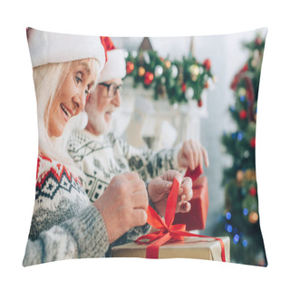 Personality  Selective Focus Of Joyful Senior Woman Opening Gift Box Near Husband Pillow Covers