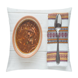 Personality  Top View Of Delicious Traditional Mixed Meat Soup With Spoon And Embroidered Towel On White Wooden Background Pillow Covers