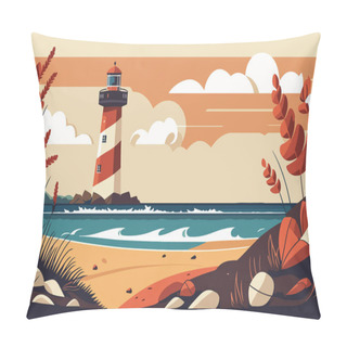 Personality  Lighthouse On The Seashore. Vector Illustration In Flat Style. A Beach With A Lighthouse Pillow Covers