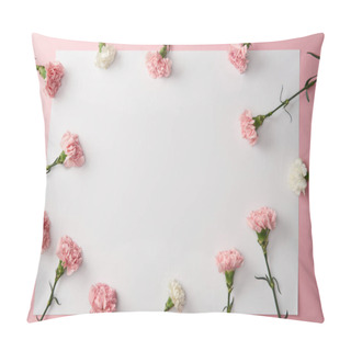 Personality  Top View Of Beautiful Carnation Flowers And Blank Card On Pink Background Pillow Covers