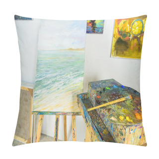 Personality  Canvas On Easel And Paintings On Wall In Workshop Pillow Covers