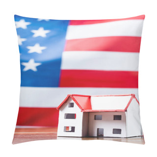 Personality  House Model Near American Flag On Blurred Background Pillow Covers