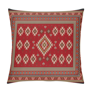 Personality  Vintage Carpet In Red Tones With Ethnic Ornaments Of Beige, Brown And Blue Colour In The Center And On The Sides On  Black Backgroun Pillow Covers
