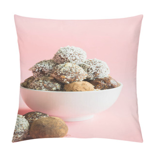 Personality  Homemade Energy Balls, Vegan Chocolate Truffle With Cacao, Coconut On Pink Background. Healthy Food For Children, Sweets Substitute. Pillow Covers