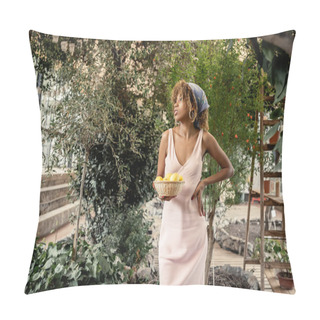 Personality  Trendy Young African American Woman In Summer Outfit Holding Hand On Hip And Basket With Fresh Lemons And Standing In Orangery, Fashion-forward Lady In Harmony With Tropical Flora, Summer Concept Pillow Covers