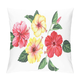 Personality  Watercolor Set Of Hibiscus Flowers With Leaves And Bud Isolated On White Background. Pillow Covers