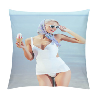 Personality  Beautiful Girl In Vintage Swimsuit, Silk Scarf And Sunglasses Holding Ice Cream And Posing Near The Sea Pillow Covers