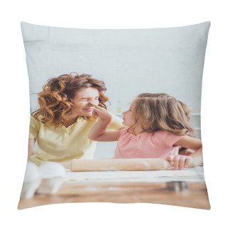 Personality  Selective Focus Of Daughter Touching Nose Of Mother While Rolling Out Dough On Table Pillow Covers