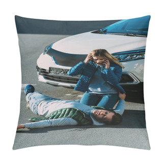 Personality  Scared Young Woman Looking At Injured Man And Calling Emergency After Car Accident Pillow Covers