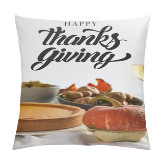 Personality  Pumpkin Pie, Baked Vegetables And Whole Pumpkin Isolated On Grey With Thanksgiving Illustration Pillow Covers