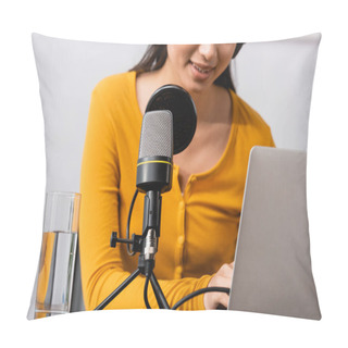 Personality  Partial View Of Asian Announcer Typing On Laptop Near Microphone In Radio Studio Pillow Covers