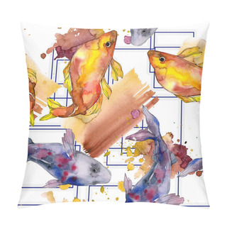 Personality  Spotted Aquatic Underwater Colorful Fish Set. Red Sea And Exotic Fishes Inside. Watercolor Illustration Set. Watercolour Drawing Fashion Aquarelle. Seamless Background Pattern. Fabric Wallpaper Print. Pillow Covers