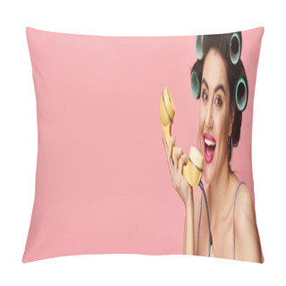 Personality  Stylish Woman With Curlers In Her Hair Poses Playfully With A Retro Phone. Pillow Covers
