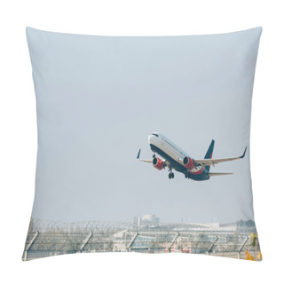 Personality  Jet Liner Landing On Airport Runway With Blue Sky At Background Pillow Covers