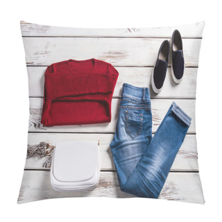 Personality  Ladys Red Sweatshirt And Jeans. Pillow Covers