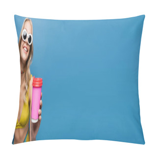 Personality  Happy Young Woman In Sunglasses And Bikini Top Holding Paper Cup Isolated On Blue, Banner Pillow Covers