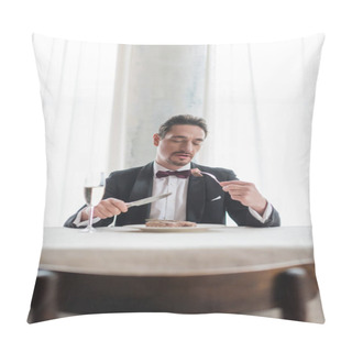 Personality  Well-dressed Gentleman In Tuxedo Eating Delicious Beef Steak Near Glass Of Champagne, Wealthy Life Pillow Covers