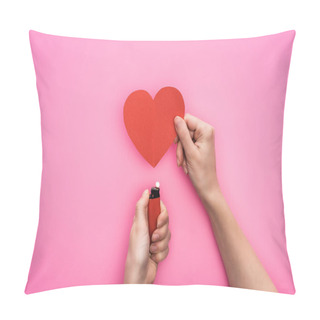 Personality  Cropped View Of Woman Lighting Up Empty Red Paper Heart With Lighter Isolated On Pink Pillow Covers