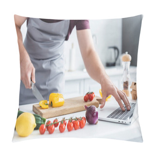 Personality  Cropped Shot Of Man In Apron Using Laptop And Cutting Vegetables Pillow Covers