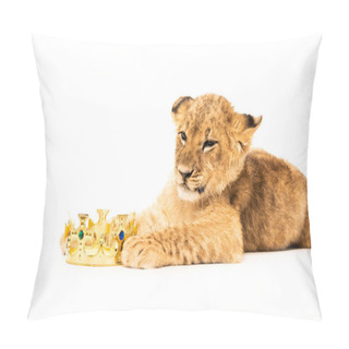 Personality  Cute Lion Cub Near Golden Crown Isolated On White Pillow Covers