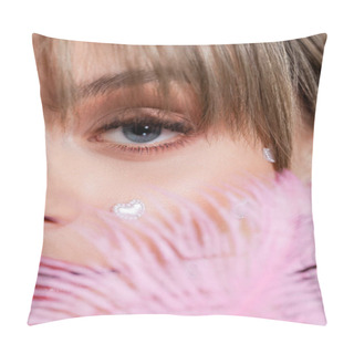 Personality  Cropped View Of Young Woman With Nacreous Heart Shape Elements On Cheek Near Pink Feather Pillow Covers