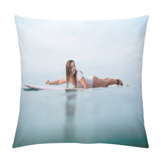 Personality  Beautiful Young Woman Swimming On Surfboard In Ocean Pillow Covers