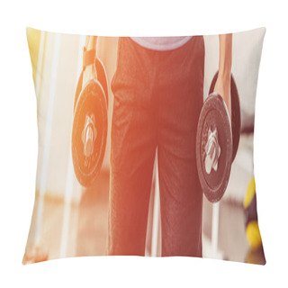 Personality  Partial View Of Sportsman Exercising With Dumbbells At Gym In Sunlight Pillow Covers
