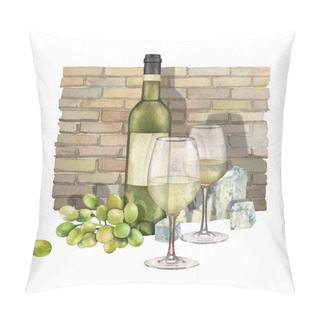 Personality  Two Watercolor Glasses Of White Wine, Bottle, White Grapes And Cheese Pillow Covers